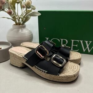 J. Crew Block-Heel Espadrille Sandals Leather Raffia Slip-on Black Women's 9 NWB